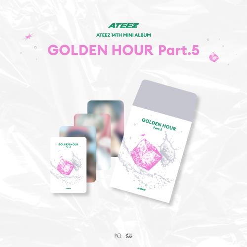 ATEEZ GOLDEN HOUR Part.5 Pop-Up Store MD random trading card pack preview with white, hot pink, and green crystal-splash graphic card backs and blurred member photocard previews; each pack includes 3 random paper cards from 24 designs.
