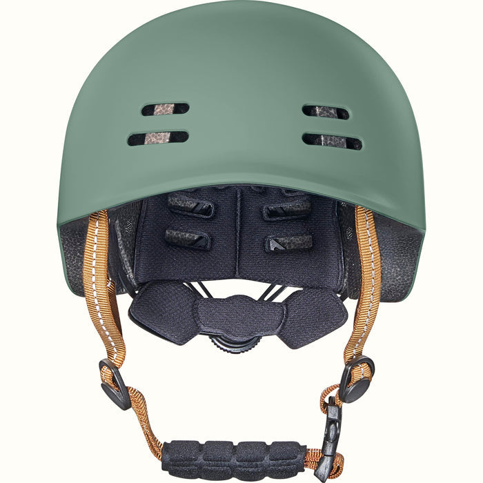 Green toddler bike helmet with a brown strap on a white background.