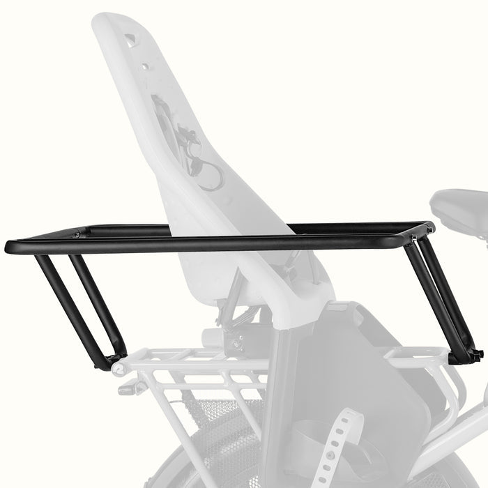 retrospec Roo Rev passenger handrail in black installed on the rear rack surrounding a child seat on a white background.