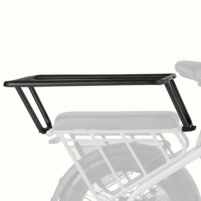 retrospec Roo Rev passenger handrail in black installed over the seat pad on the rear rack of an electric cargo bike on a white background