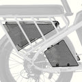 Retrospec Roo Rev wheel guard set installed on the rear rack of an electric cargo bike along with the passenger seat pad.