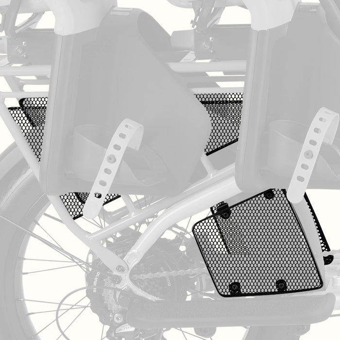 A black metal mesh wheel guard mounted on the rear of a cargo ebike, shown against a plain white background.
