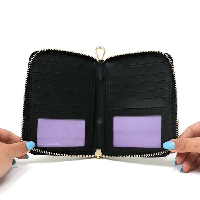 Anti-theft RFID blocking Passport Wallet in black and gold hardware - inside view of card slots, passport slots, and ID windows