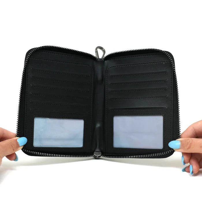 Anti-theft RFID blocking Passport Wallet in black and gunmetal hardware - inside view of card slots, passport slots, and ID windows