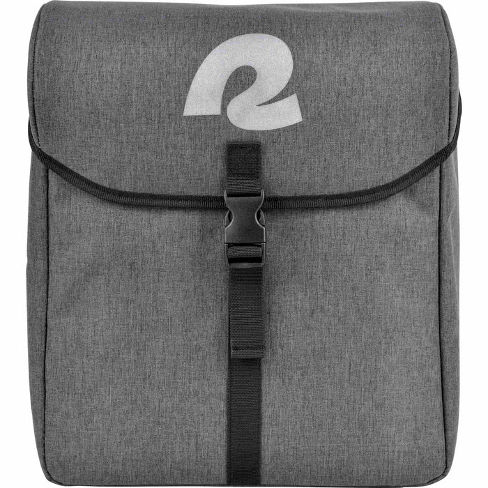 A gray heathered bicycle pannier saddle bag with a black strap and buckle closure, featuring a white reflective retrospec 'R' logo on the front flap.