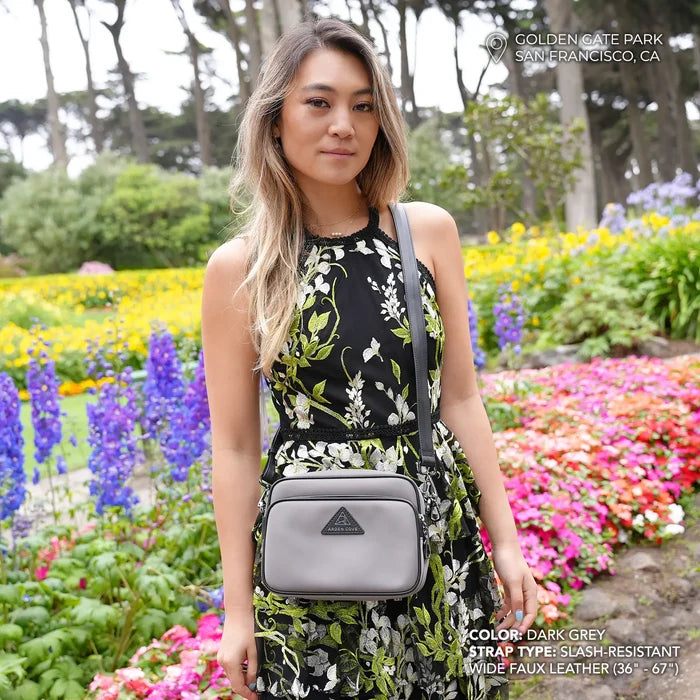 Crissy Crossbody with Slash Resistant Faux Leather Wide Strap in Locking Hardware in Grey-Gunmetal modeled