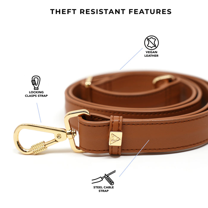Anti-theft slash resistant faux leather strap is reinforced with a steel cable, made of vegan leather, and has locking clasps to secure your bag.