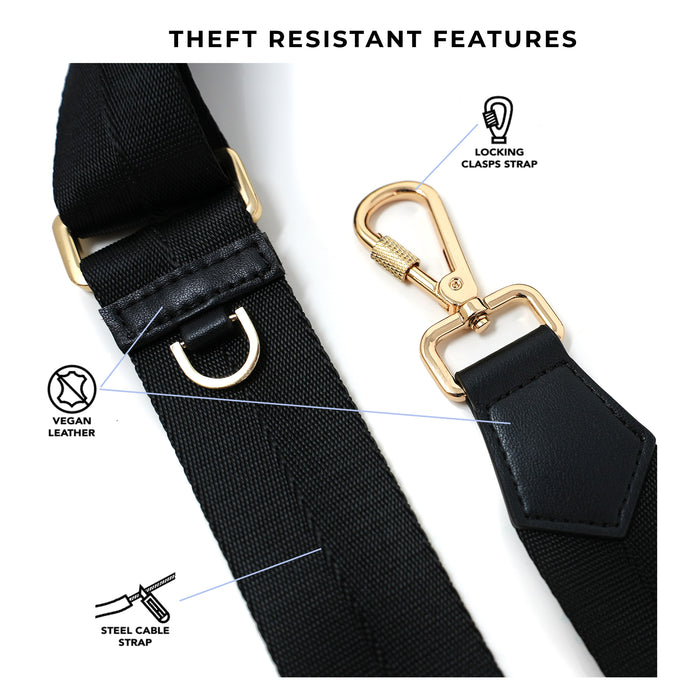 Anti-theft slash resistant Jacquard strap is reinforced with a steel cable, made of vegan leather, and has locking clasps to secure your bag.