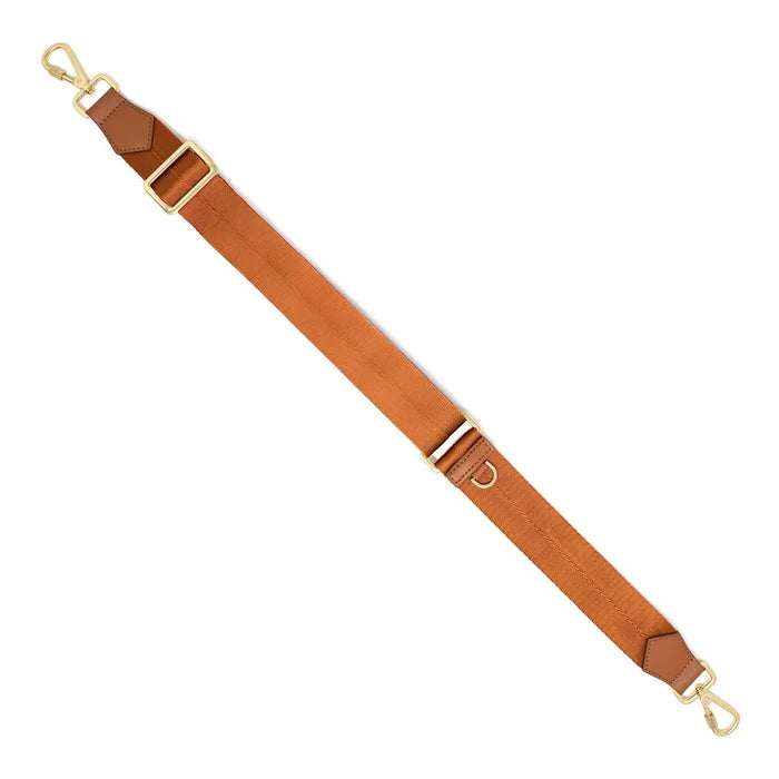 Anti-theft Slash-resistant nylon jacquard strap in brown with gold hardware with locking clasps in medium length