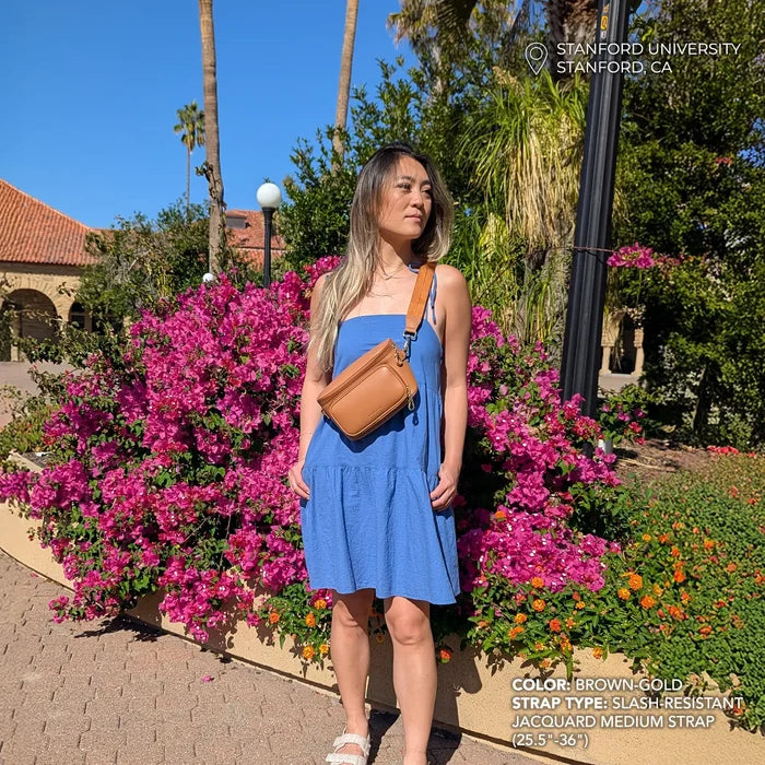 Anti-theft water-resistant Bum Bag Crossbody in brown with gold hardware and slash-resistant medium jacquard strap on model