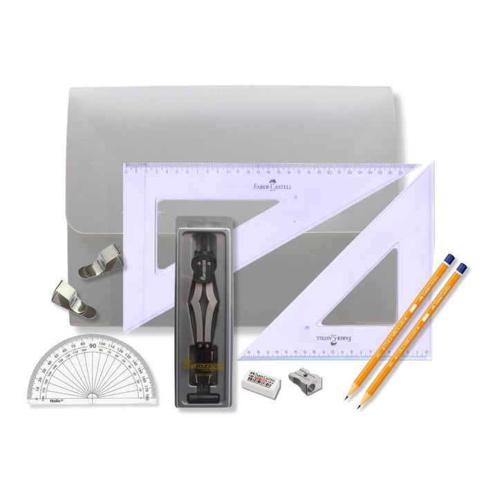 SG Education Strong Poly Box with 2 Part Compass, Clips & Faber Castell Set Square SG Education
