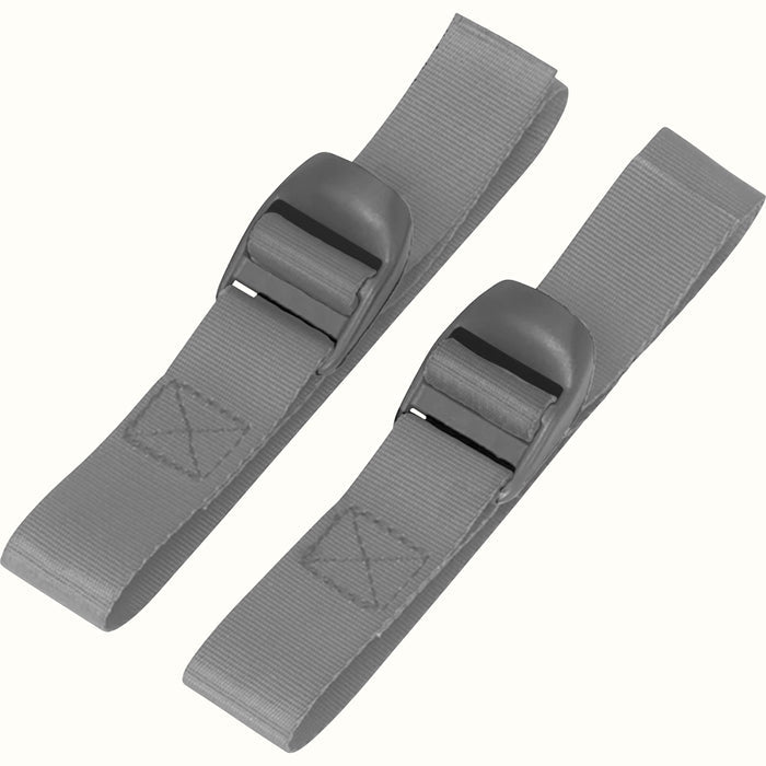 Two grey straps with plastic buckles, designed for securing or fastening items together.