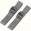 Two grey straps with plastic buckles, designed for securing or fastening items together.