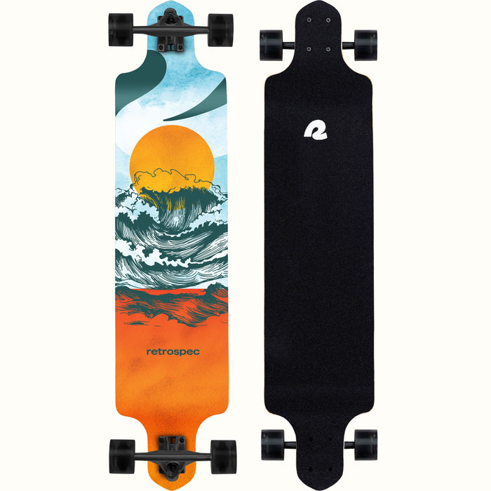 Colorful longboard with a sun and wave design on the bottom, featuring a black grip tape topside and black wheels.