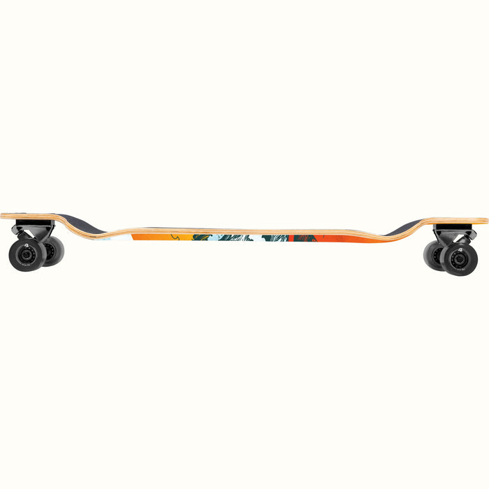 A profile view of the Tidal Dropdown Longboard Skateboard with colorful artwork along the deck, black wheels, and a smooth polished wooden finish.