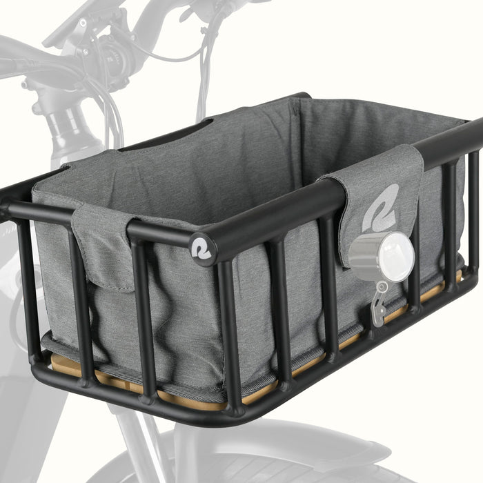Gray frabric basket liner inside of a metal ebike basket with a "r" on the front is attached to an electric bike with a front headlight.