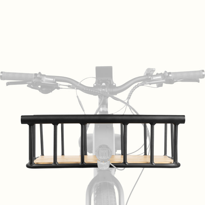 A sleek black metal electric bike basket with wooden slats, showcasing modern design; attached to an electric bicycle's front.