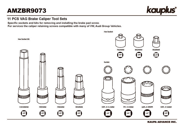 Universal Master 11PCS Euro Brake Caliper Socket Set – Hex, Torx & Specialty Sockets for European Vehicles
