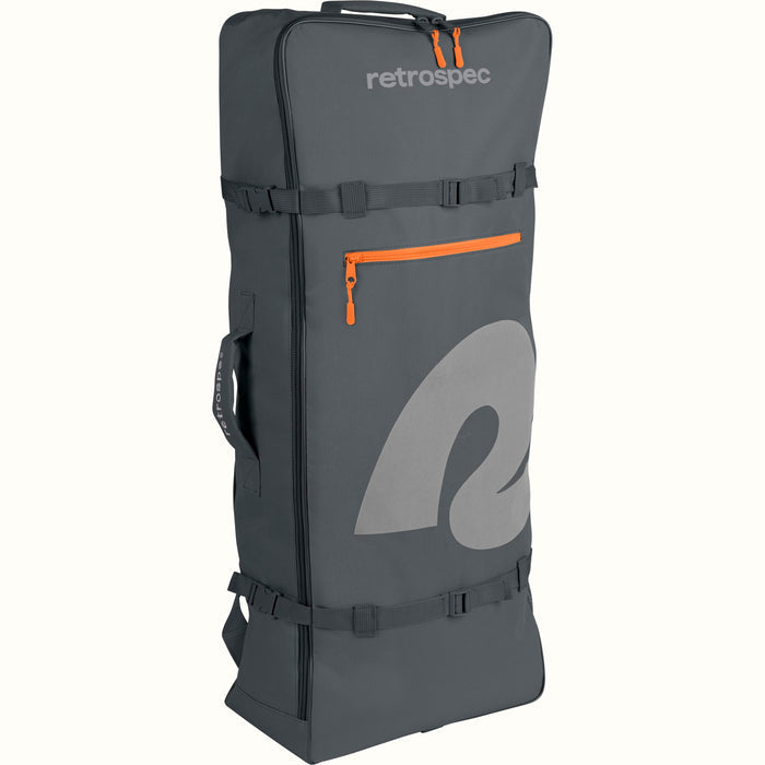 Dark gray bakckpack with orange zipper and retrospec logo on a white background.