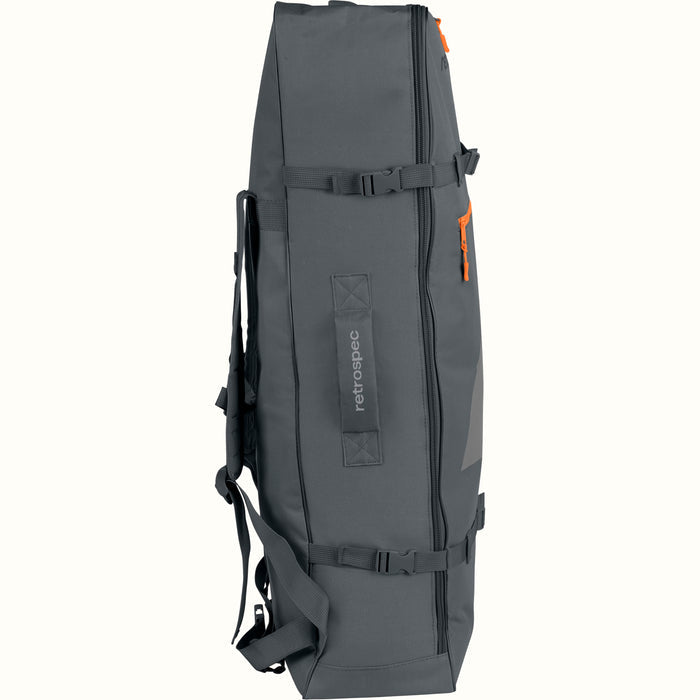 Gray backpack with visible branding on a white background.