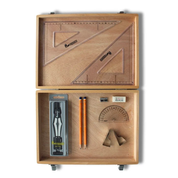 SG Education Wooden Box with 2 Part Compass, Clips & SG Set Square SG Education