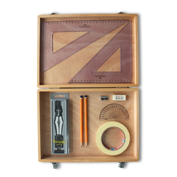 SG Education Wooden Box with 2 Part Compass, Tape & Faber Castell Set Square SG Education