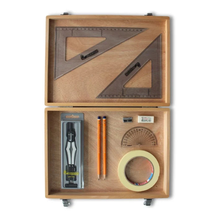 SG Education Wooden Box with 2 Part Compass, Tape & SG Set Square (0 at Edge) SG Education