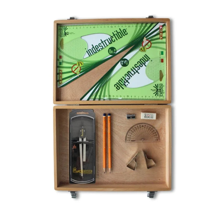 SG Education Wooden Box with Clutch Compass, Clips & Elastika Set Square SG Education