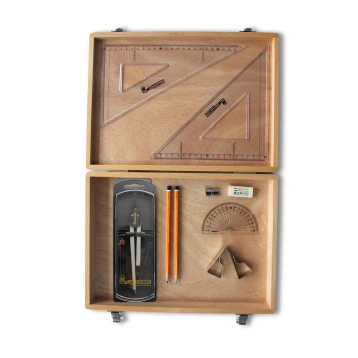SG Education Wooden Box with Clutch Compass, Clips & SG Set Square SG Education