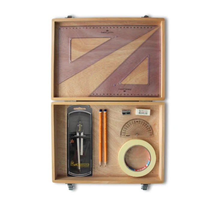 SG Education Wooden Box with Clutch Compass, Tape & Faber Castell Set Square SG Education