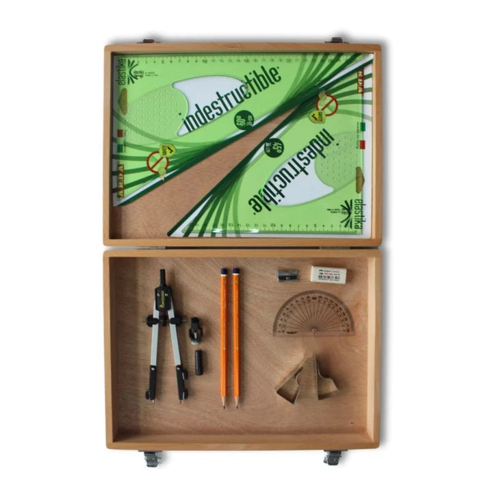 SG Education Wooden Box with Pen Holder Compass, Clips & Elastika Set Square SG Education
