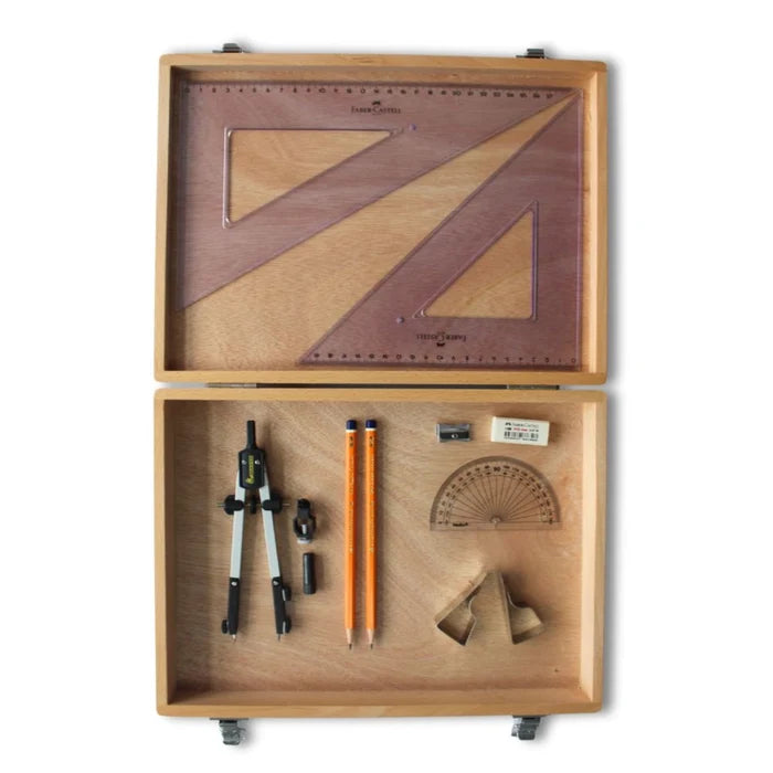 SG Education Wooden Box with Pen Holder Compass, Clips & Faber Castell Set Square SG Education