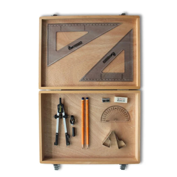 SG Education Wooden Box with Pen Holder Compass, Clips & Set Square Set Square (0 at Edge) SG Education