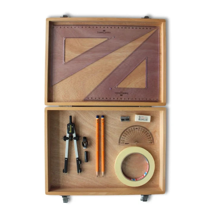 SG Education Wooden Box with Pen Holder Compass, Tape & Faber Castell Set Square SG Education