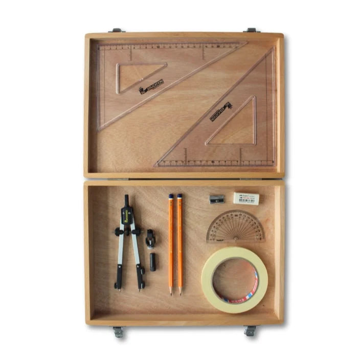 SG Education Wooden Box with Pen Holder Compass, Tape & SG Set Square SG Education